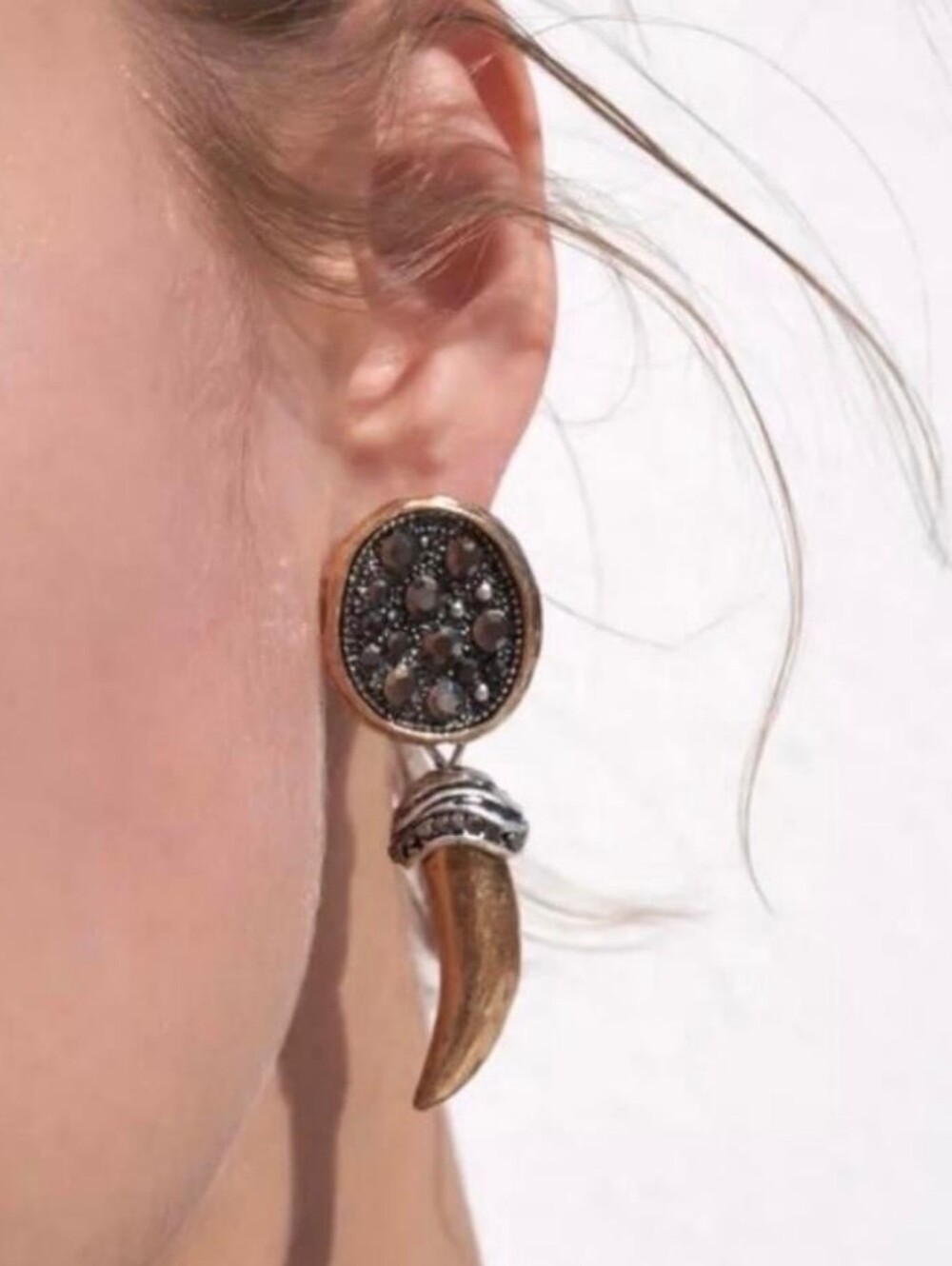 Black and Gold Druzy Disc with Horn Drop Earrings